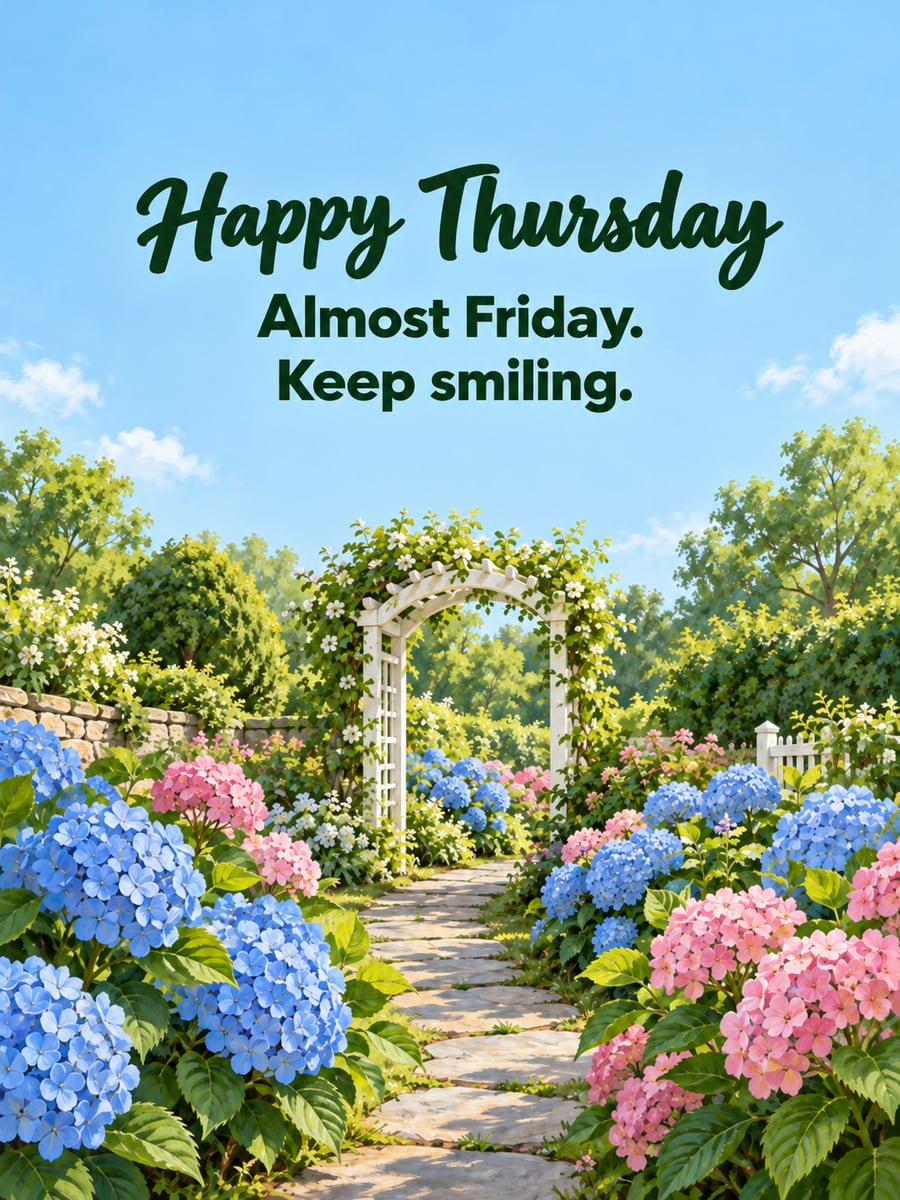 Happy Thursday greeting image: stepping-stone garden path past blooming hydrangeas toward a white wooden arch. It says “Happy Thursday” and “Almost Friday. Keep smiling.”