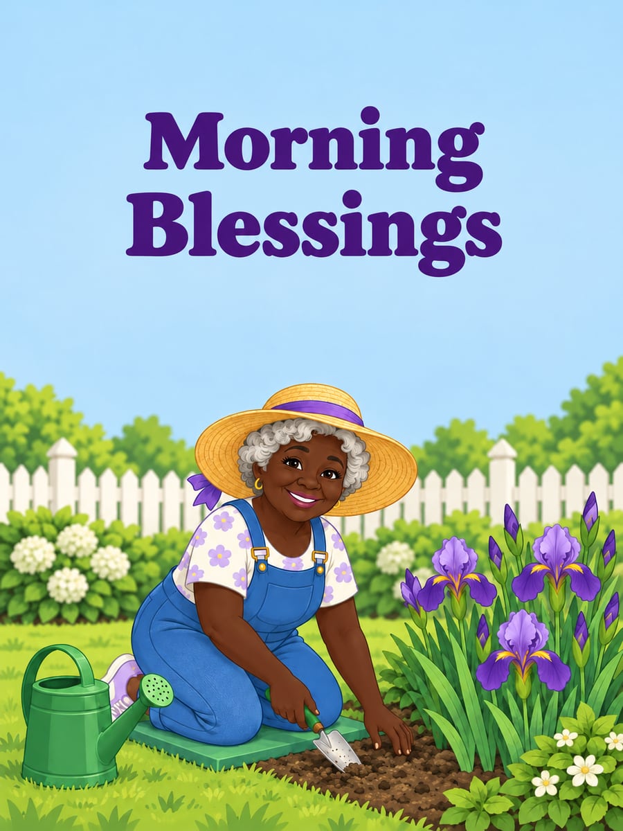 Happy Thursday greeting image: Black grandmother in a straw sunhat tending purple irises. It says “Morning Blessings”