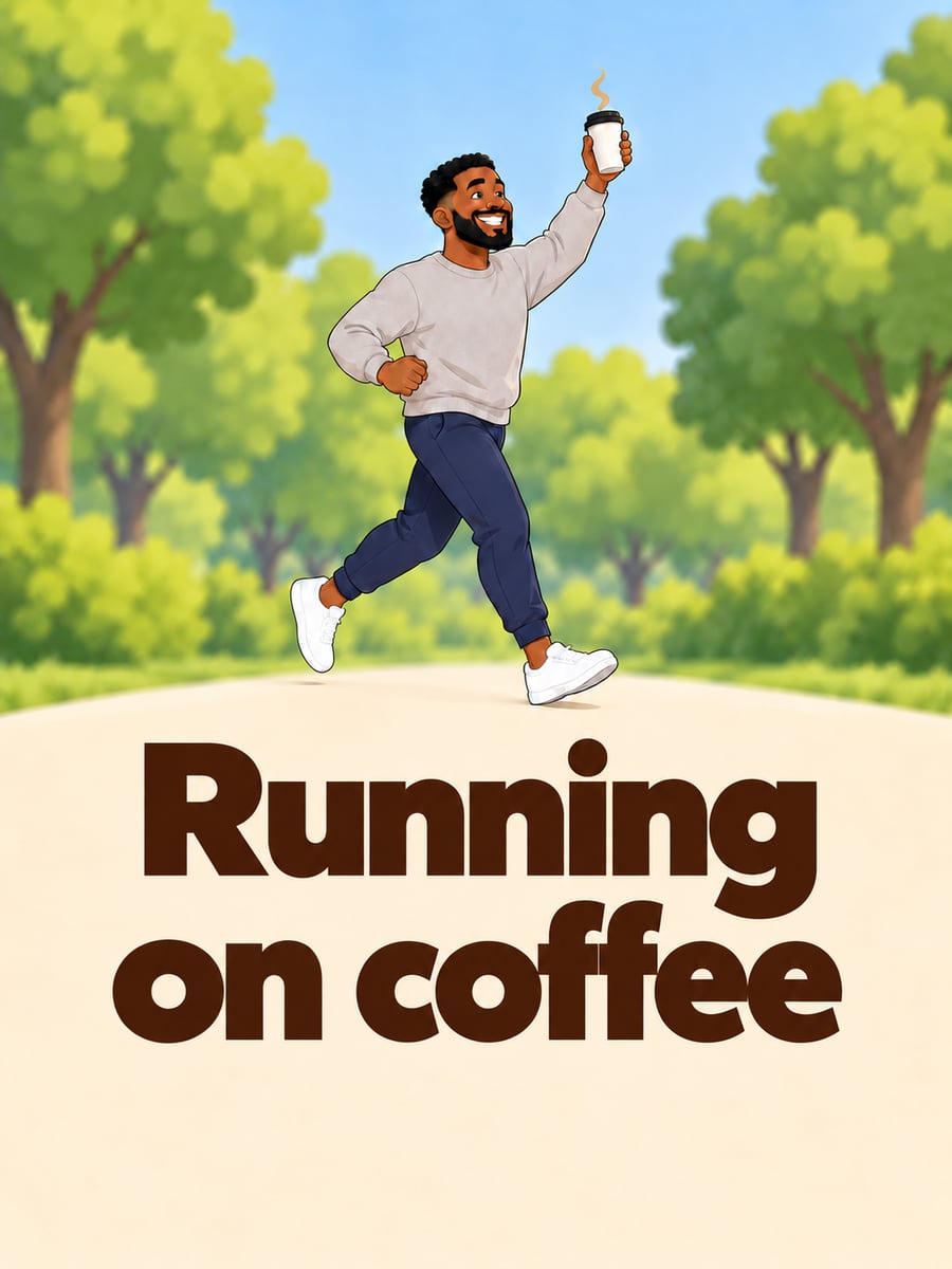 Happy Thursday greeting image: cartoon jogger with deep brown skin raising a plain travel mug. It says “Running on coffee”