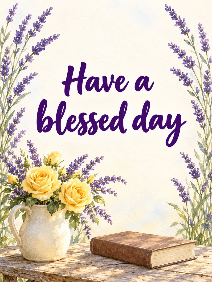 Happy Thursday greeting image: yellow roses and lavender in a cream jug beside a closed plain Bible. It says “Have a blessed day”