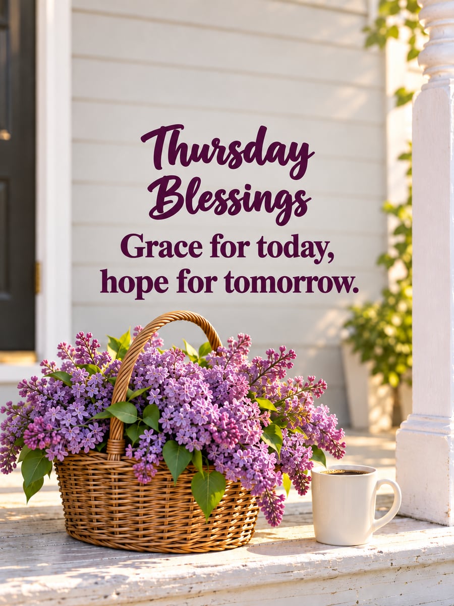 Happy Thursday greeting image: wicker basket of purple lilacs and a plain mug on a sunlit porch step. It says “Thursday Blessings” and “Grace for today, hope for tomorrow.”
