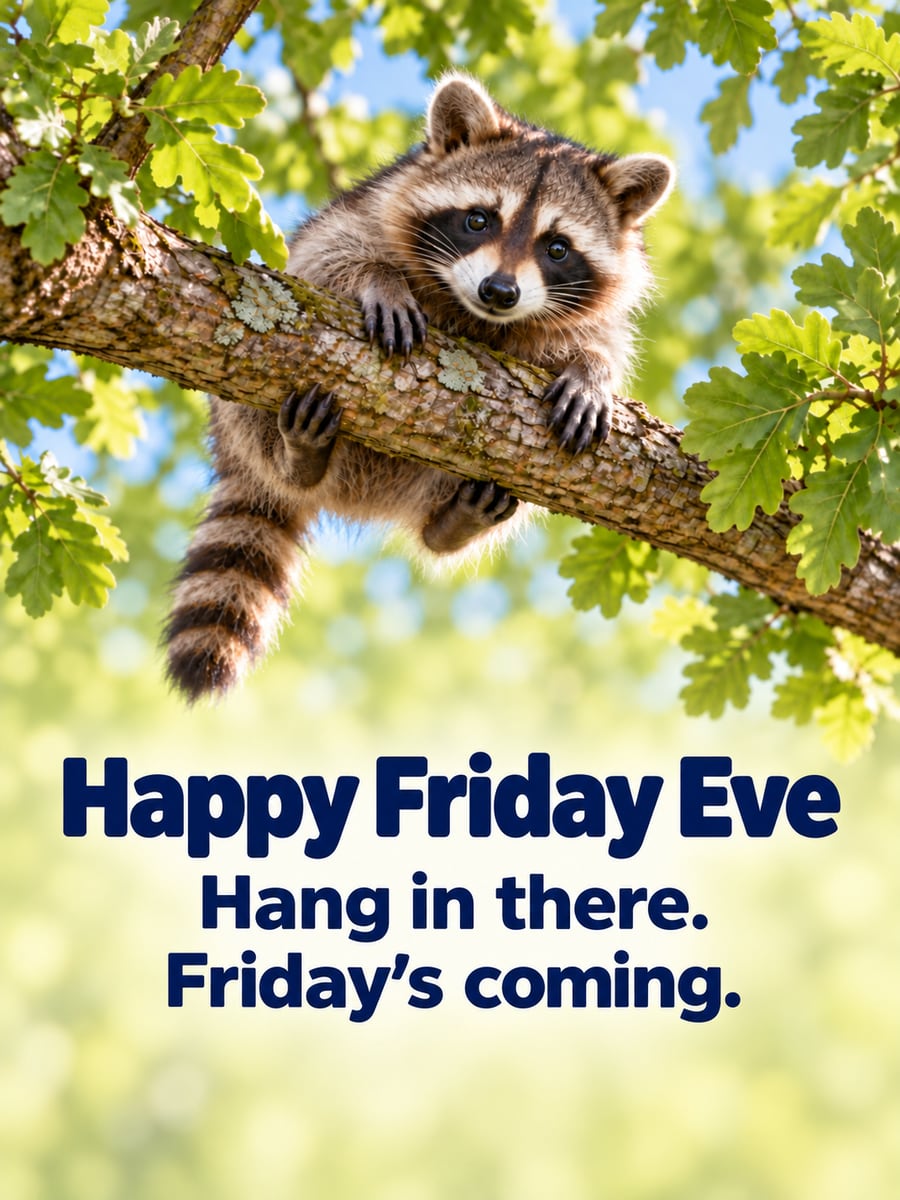 Happy Thursday greeting image: cheerful raccoon clinging to a leafy oak branch. It says “Happy Friday Eve” and “Hang in there. Friday’s coming.”