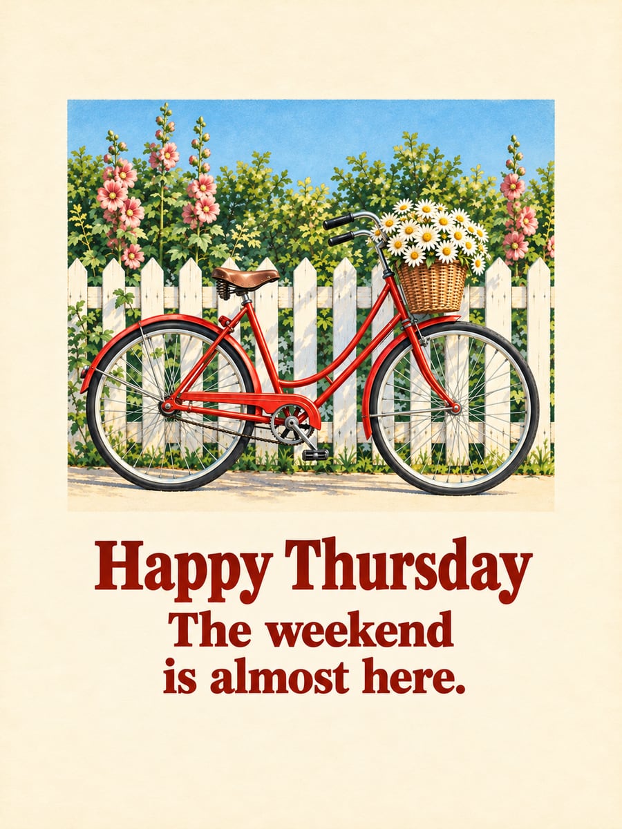 Happy Thursday greeting image: red bicycle with a basket of daisies leaning on a white picket fence. It says “Happy Thursday” and “The weekend is almost here.”