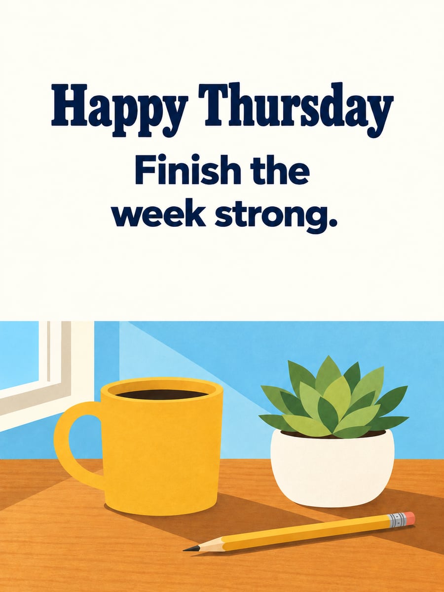 Happy Thursday greeting image: plain mug of coffee beside a small potted succulent on a sunny desk. It says “Happy Thursday” and “Finish the week strong.”