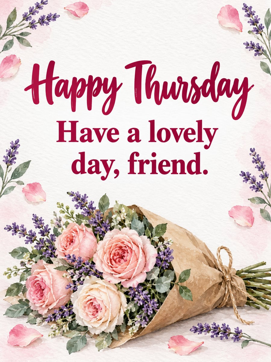 Happy Thursday greeting image: loose bouquet of pink roses and lavender wrapped in brown kraft paper. It says “Happy Thursday” and “Have a lovely day, friend.”
