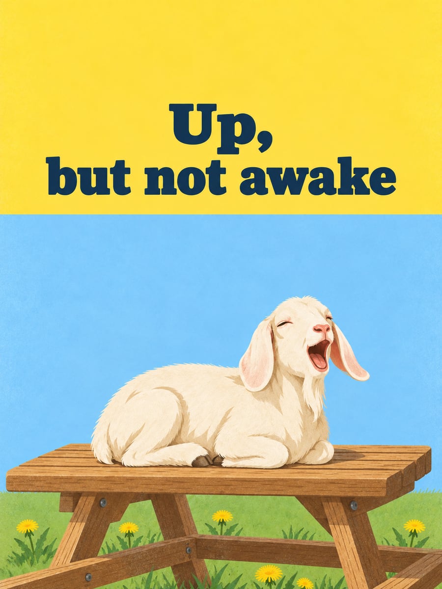 Happy Thursday greeting image: sleepy hornless white goat curled up yawning on a picnic table. It says “Up, but not awake”