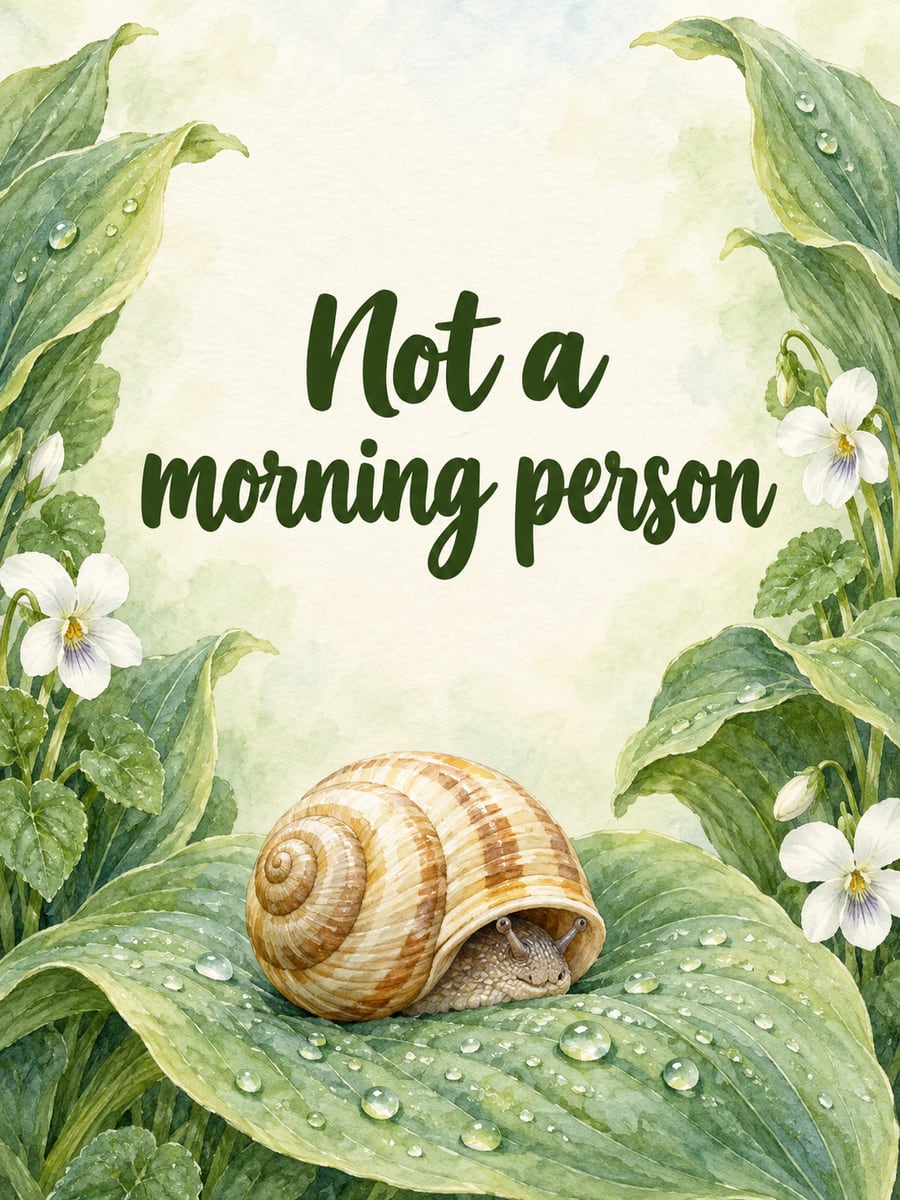 Happy Thursday greeting image: drowsy garden snail half hidden in its shell on a dewy hosta leaf. It says “Not a morning person”