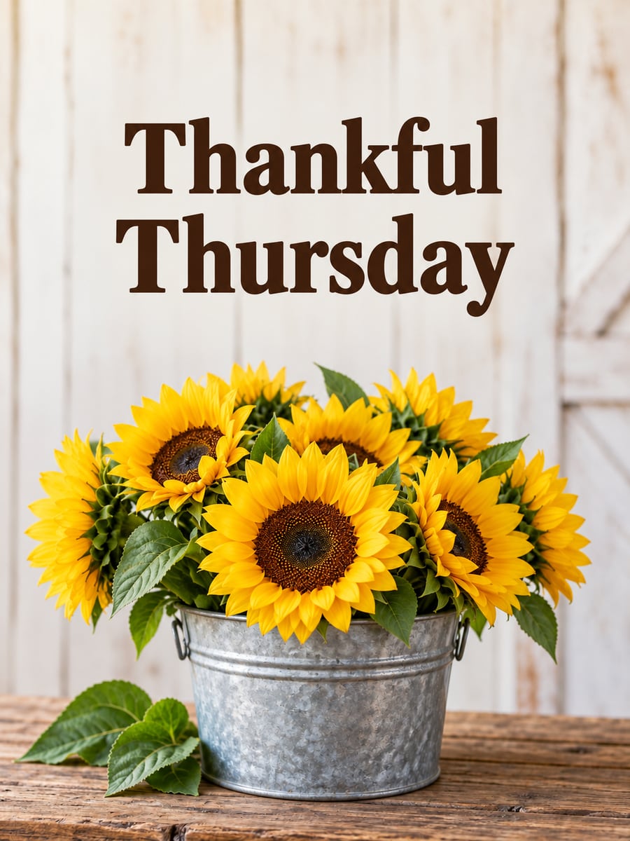 Happy Thursday greeting image: galvanized bucket of fresh-cut sunflowers on a rustic wooden table. It says “Thankful Thursday”