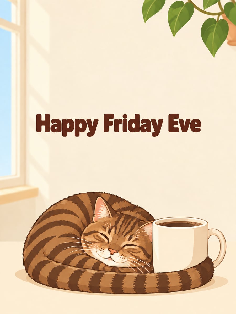 Happy Thursday greeting image: brown tabby cat curled up beside a big plain mug of coffee. It says “Happy Friday Eve”