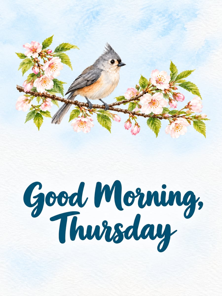 Happy Thursday greeting image: tufted titmouse on a leafy blooming cherry branch. It says “Good Morning, Thursday”
