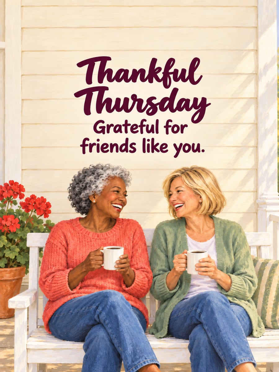 Happy Thursday greeting image: two women friends laughing over coffee on a porch bench. It says “Thankful Thursday” and “Grateful for friends like you.”