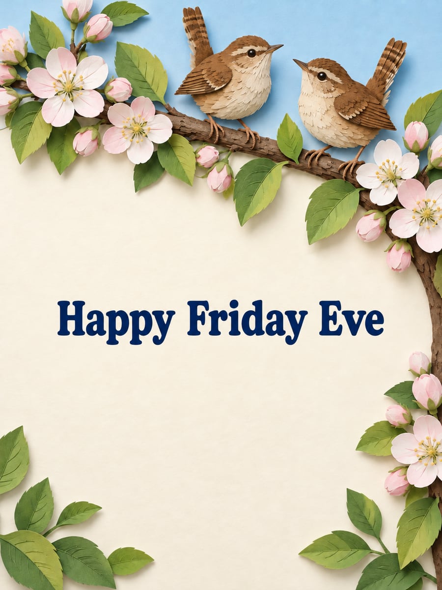 Happy Thursday greeting image: two little house wrens side by side on a flowering apple branch. It says “Happy Friday Eve”