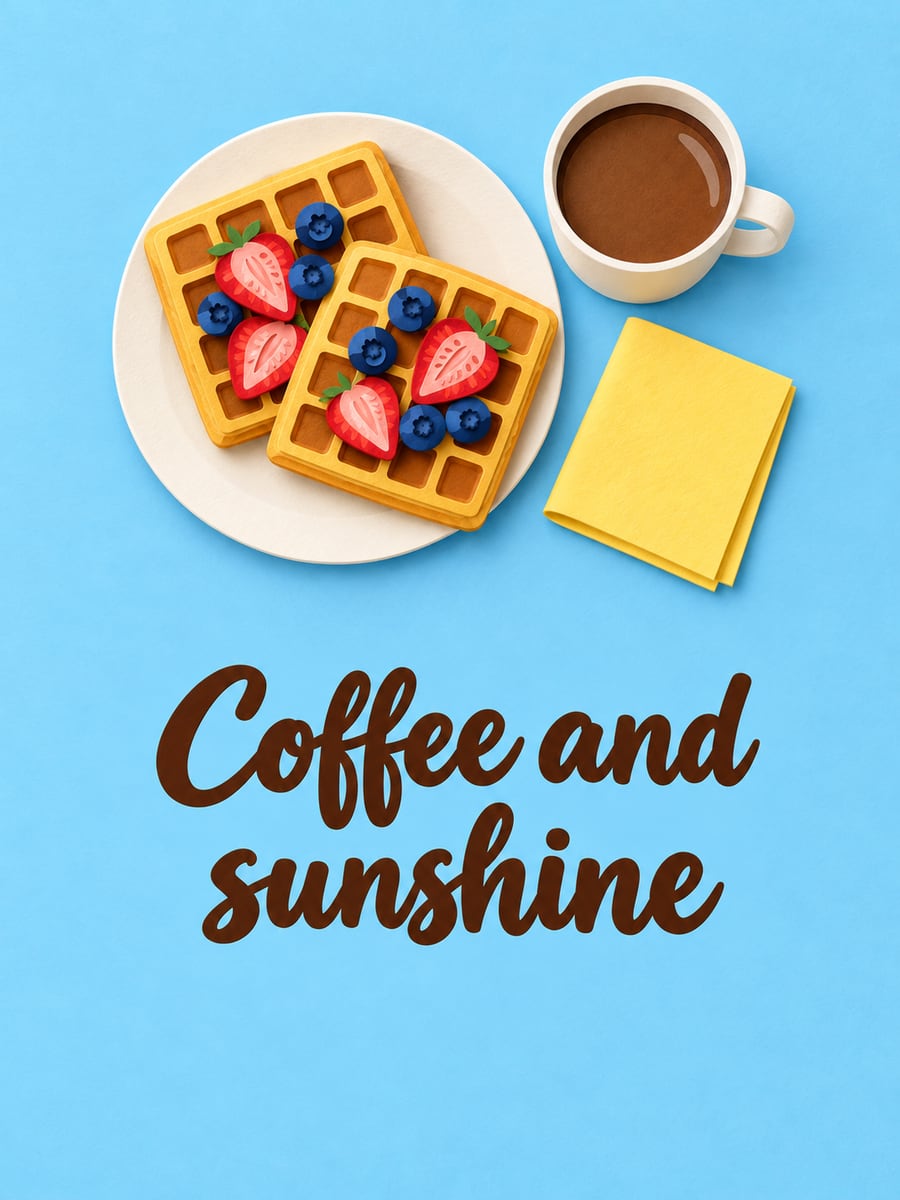 Happy Thursday greeting image: paper-cut waffles with berries and a plain mug of coffee seen from above. It says “Coffee and sunshine”