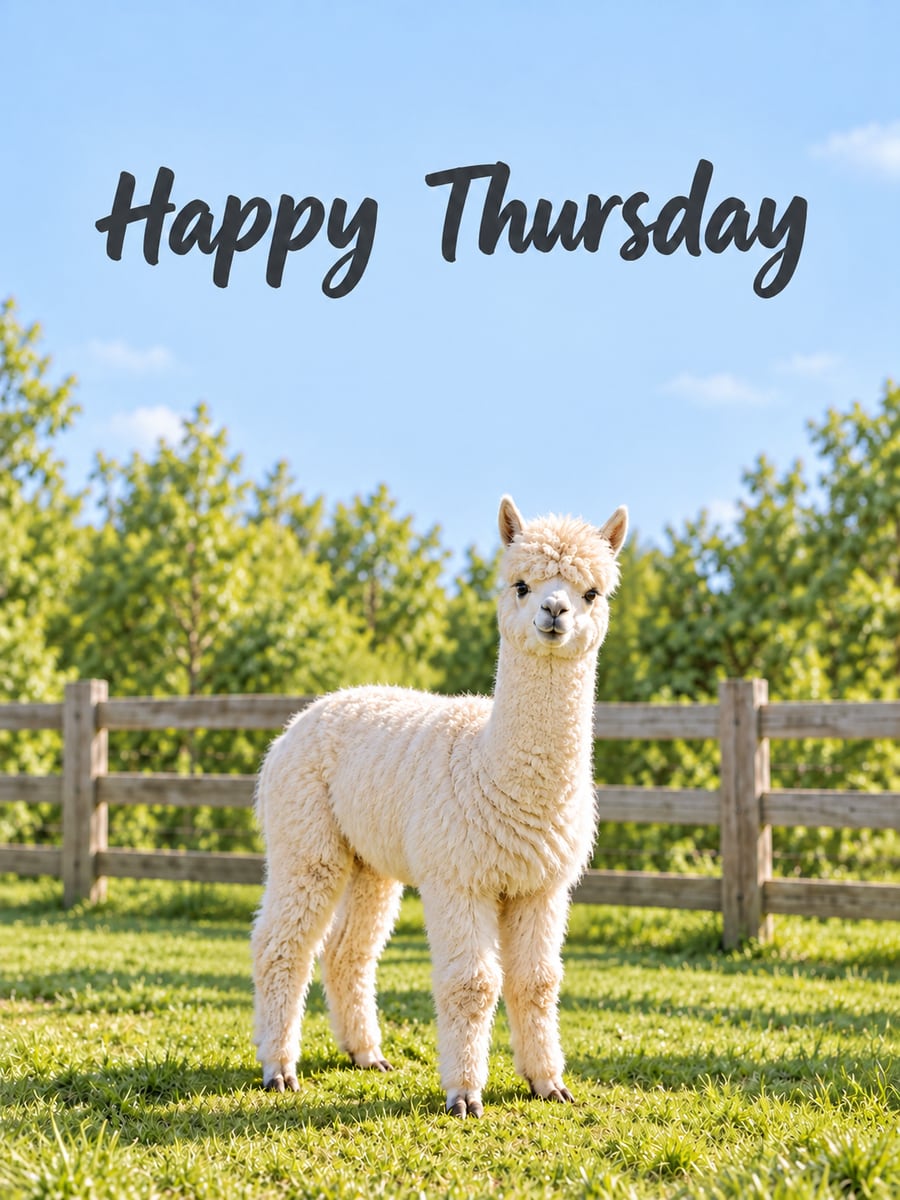Happy Thursday greeting image: fluffy white alpaca in a sunny paddock. It says “Happy Thursday”
