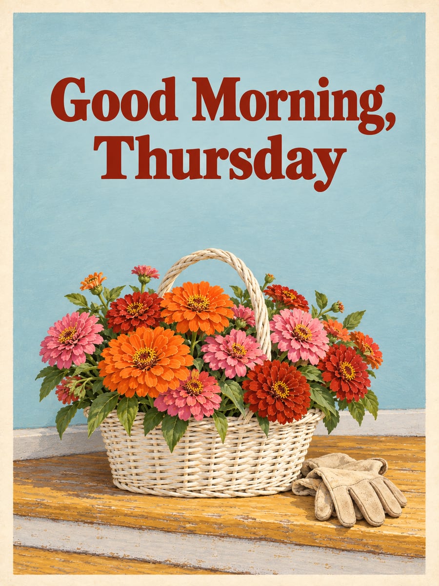Happy Thursday greeting image: white wicker basket of zinnias on a porch step. It says “Good Morning, Thursday”