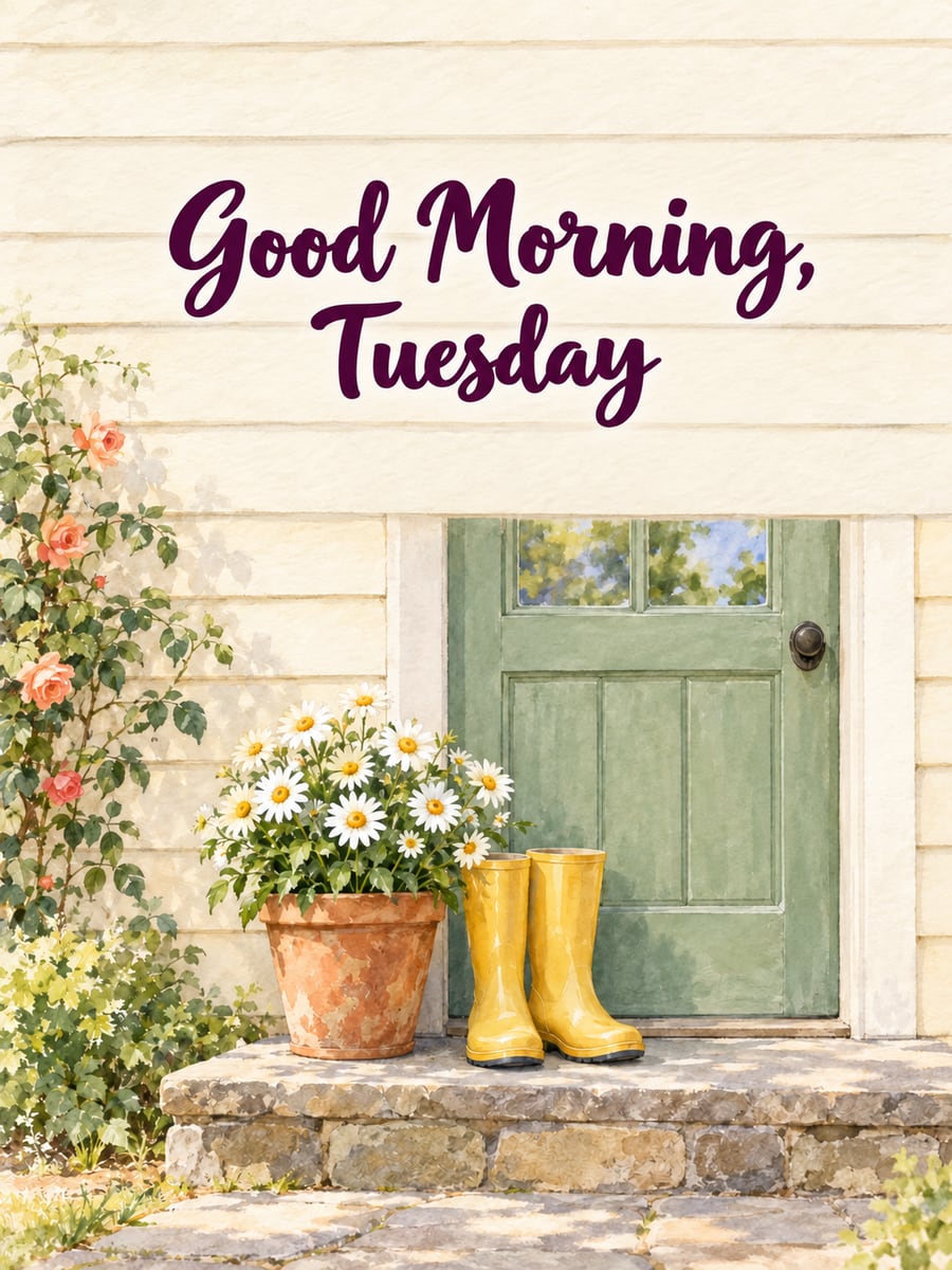 Happy Tuesday greeting image: sage-green back door with yellow rain boots and a pot of daisies. It says “Good Morning, Tuesday”