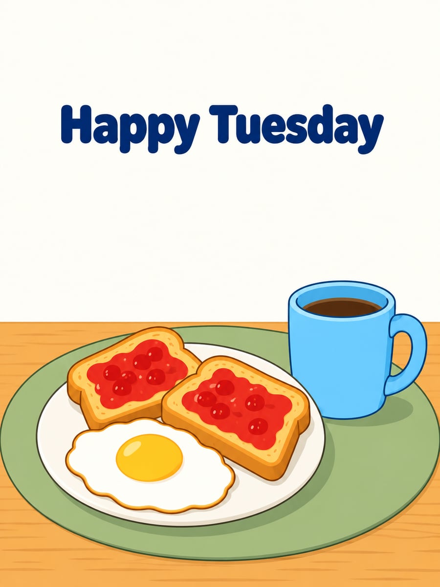 Happy Tuesday greeting image: cartoon breakfast of toast with jam, a fried egg and a mug of coffee. It says “Happy Tuesday”
