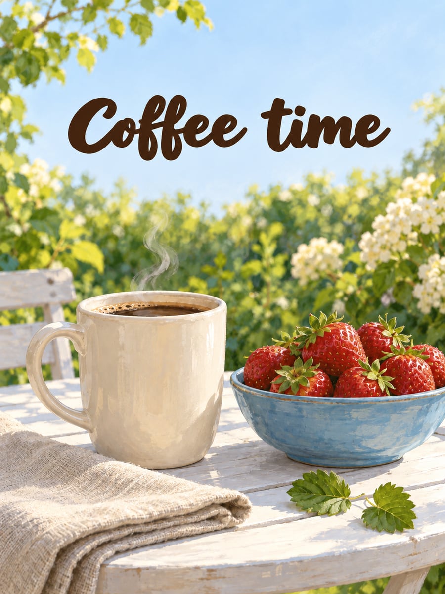 Happy Tuesday greeting image: plain cream mug of hot coffee beside a blue bowl of strawberries on a garden table. It says “Coffee time”