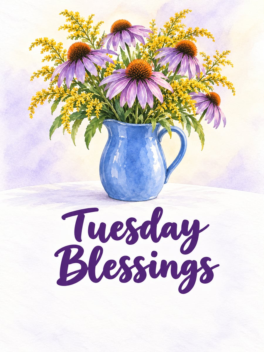 Happy Tuesday greeting image: purple coneflowers and goldenrod in a plain blue pitcher. It says “Tuesday Blessings”
