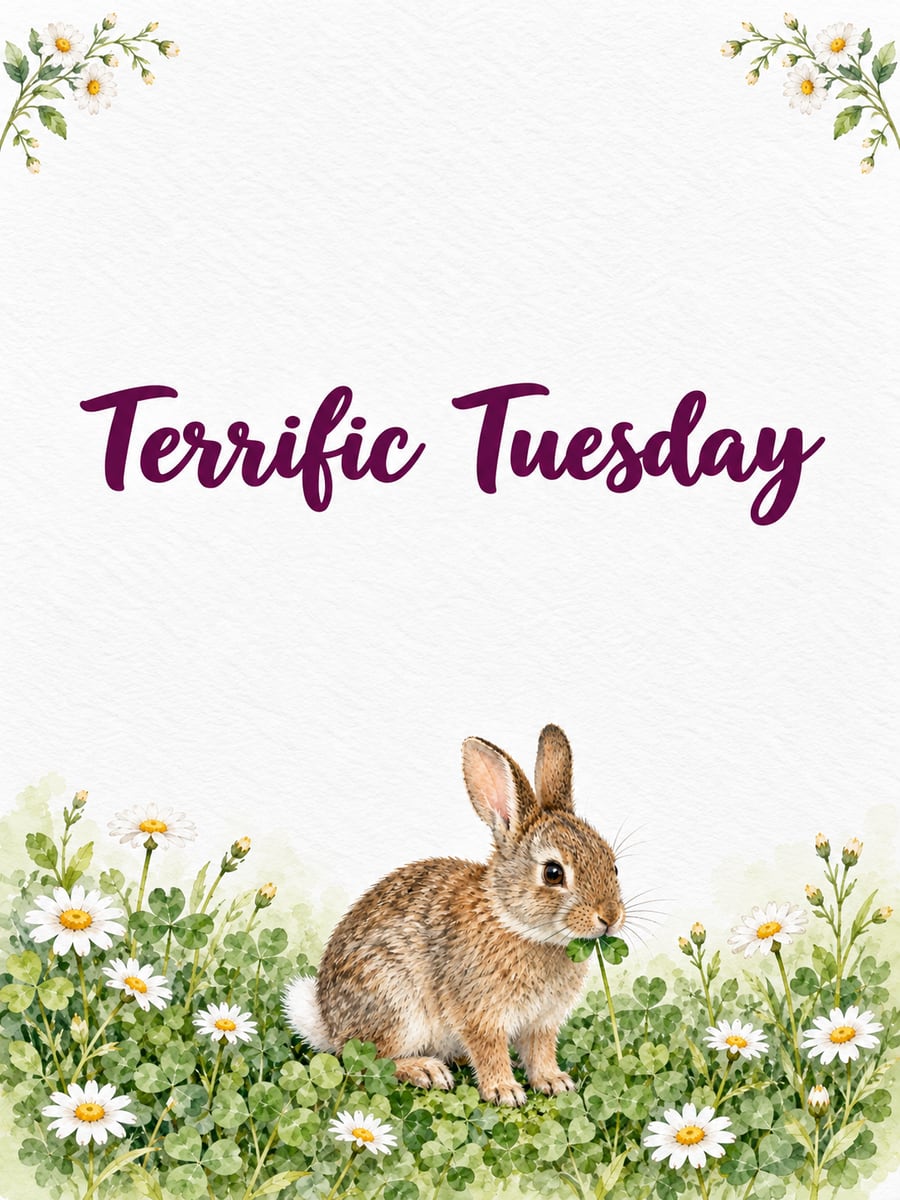 Happy Tuesday greeting image: cottontail rabbit nibbling clover among white daisies. It says “Terrific Tuesday”