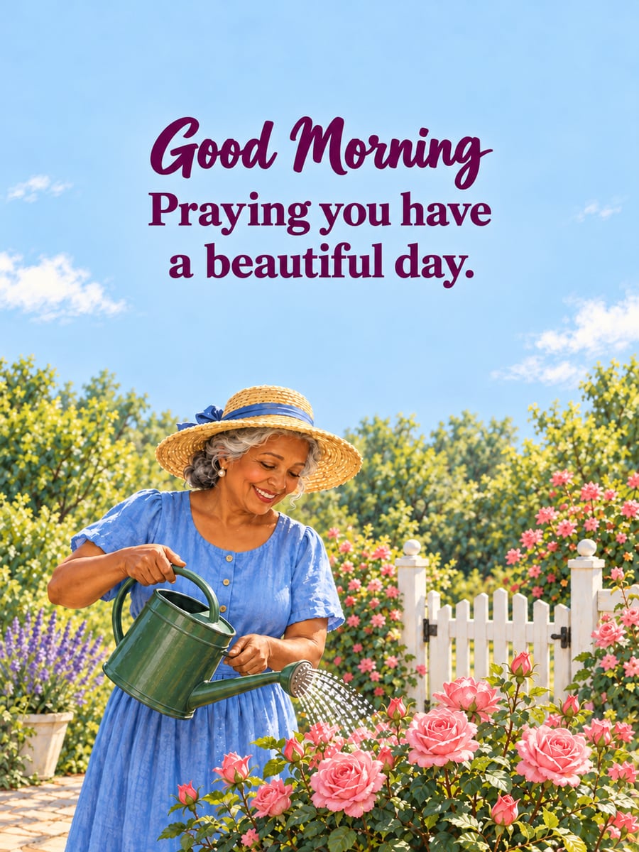 Happy Tuesday greeting image: grandmother with light brown skin watering pink roses in her backyard. It says “Good Morning” and “Praying you have a beautiful day.”