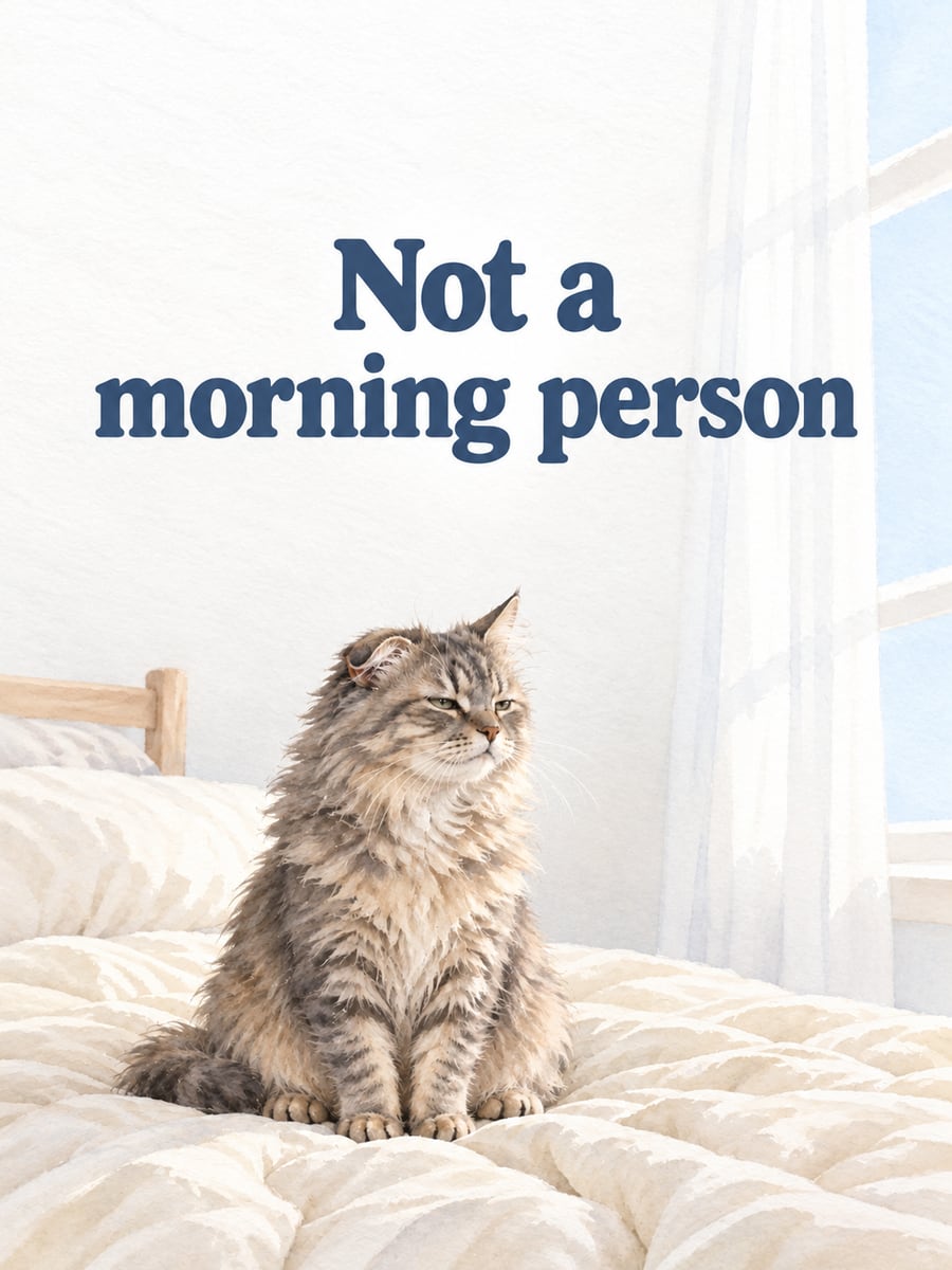Happy Tuesday greeting image: sleepy gray tabby cat with ruffled fur squinting at the bright window. It says “Not a morning person”
