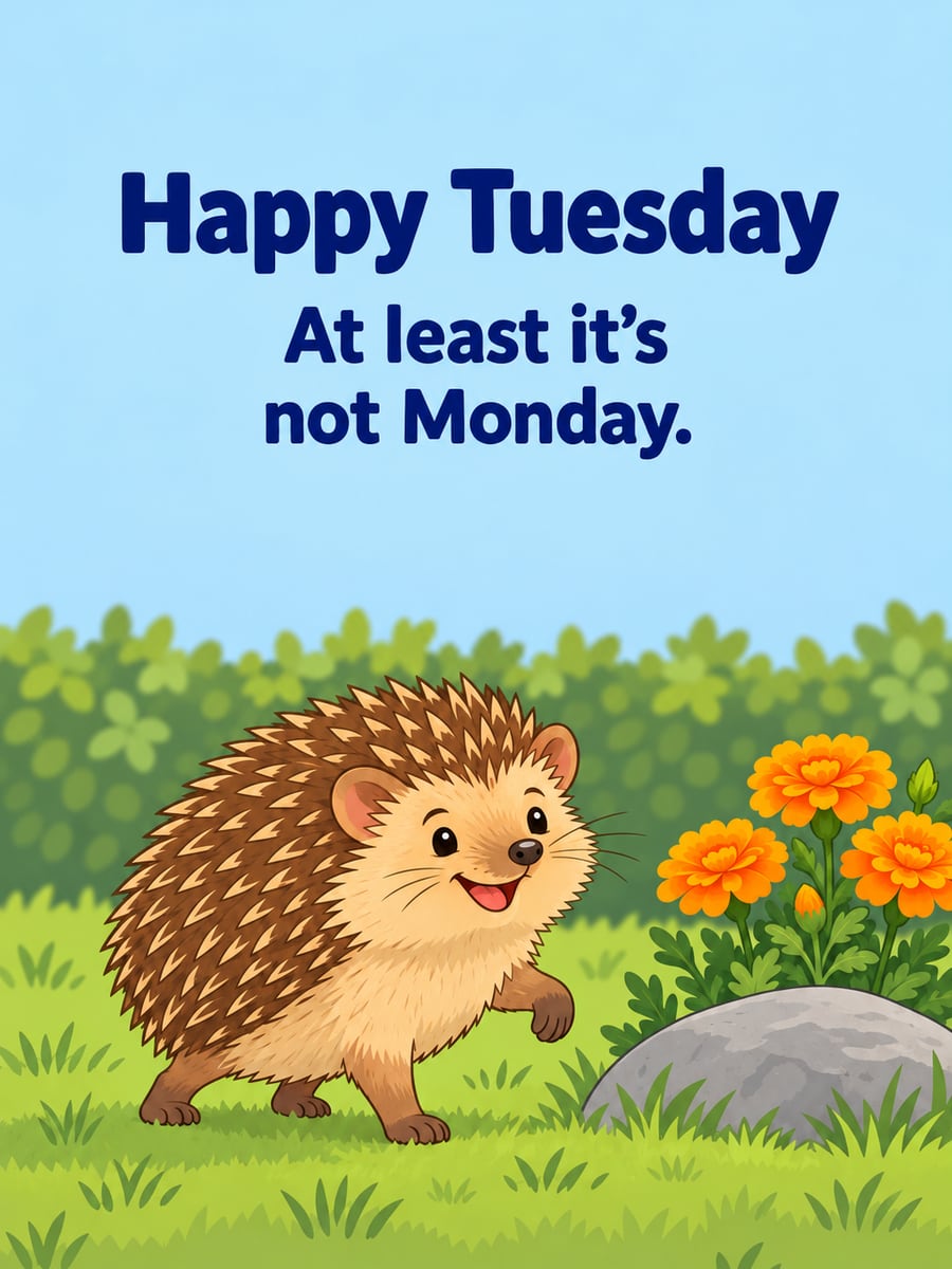 Happy Tuesday greeting image: cheerful hedgehog doing a happy little hop on a sunny lawn. It says “Happy Tuesday” and “At least it’s not Monday.”