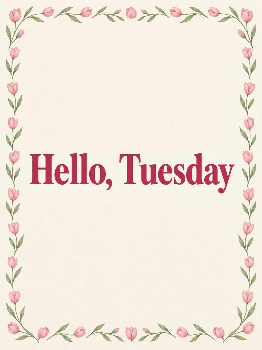 Happy Tuesday greeting image: cream lettering card with a simple frame of tiny tulips. It says “Hello, Tuesday”
