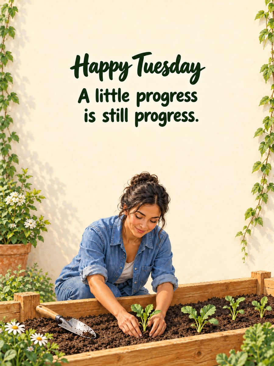 Happy Tuesday greeting image: woman with olive skin planting seedlings in a raised wooden garden bed. It says “Happy Tuesday” and “A little progress is still progress.”