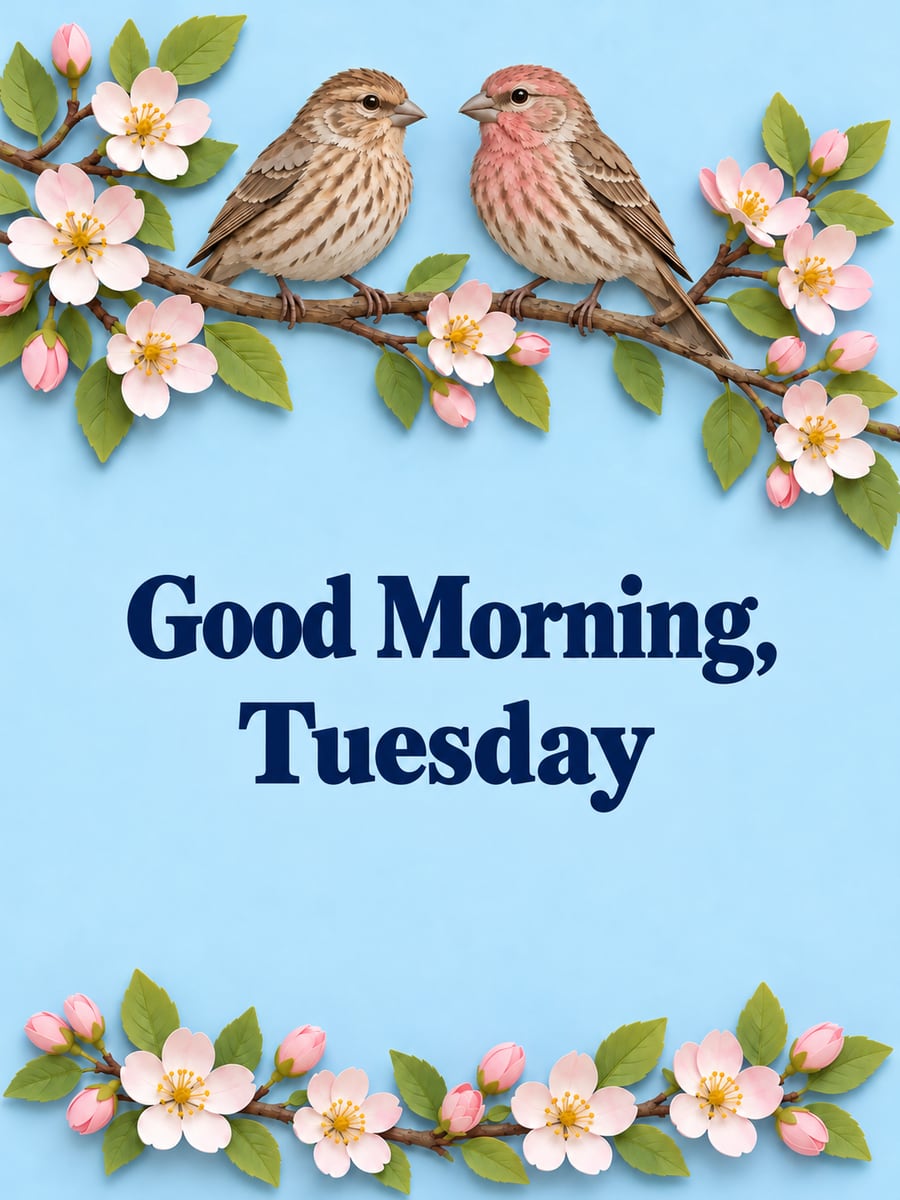 Happy Tuesday greeting image: pair of paper-cut house finches on a flowering crabapple branch. It says “Good Morning, Tuesday”