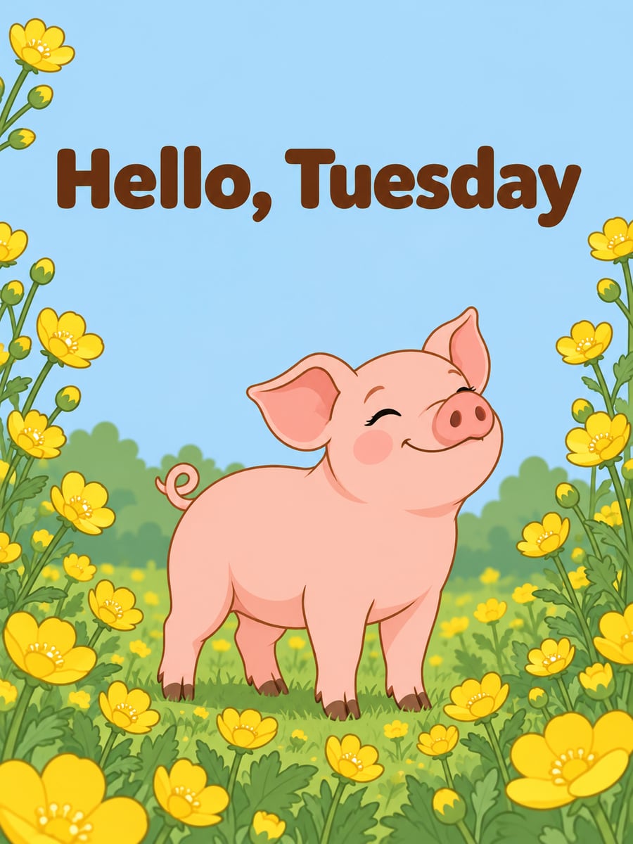 Happy Tuesday greeting image: happy young pink pig in a field of buttercups. It says “Hello, Tuesday”