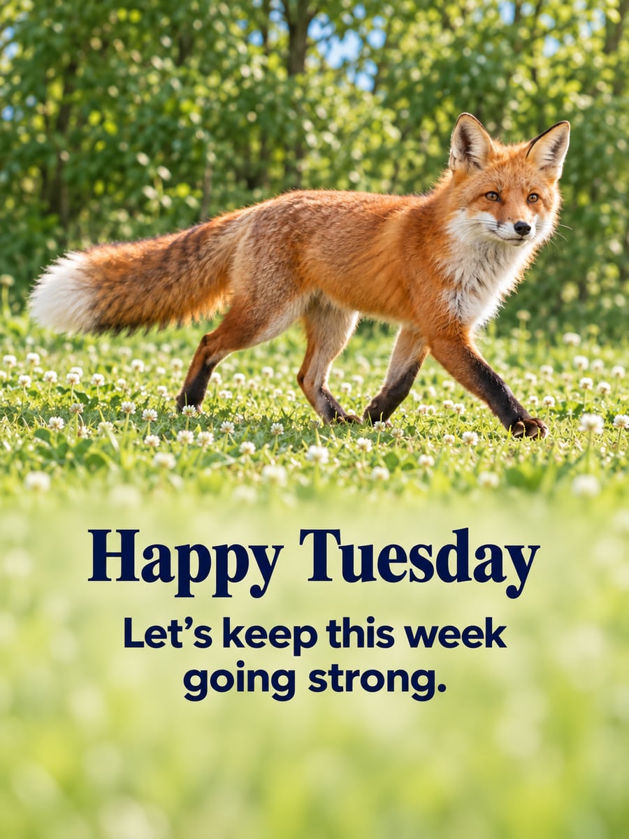 Happy Tuesday greeting image: red fox trotting through a sunny meadow. It says “Happy Tuesday” and “Let’s keep this week going strong.”