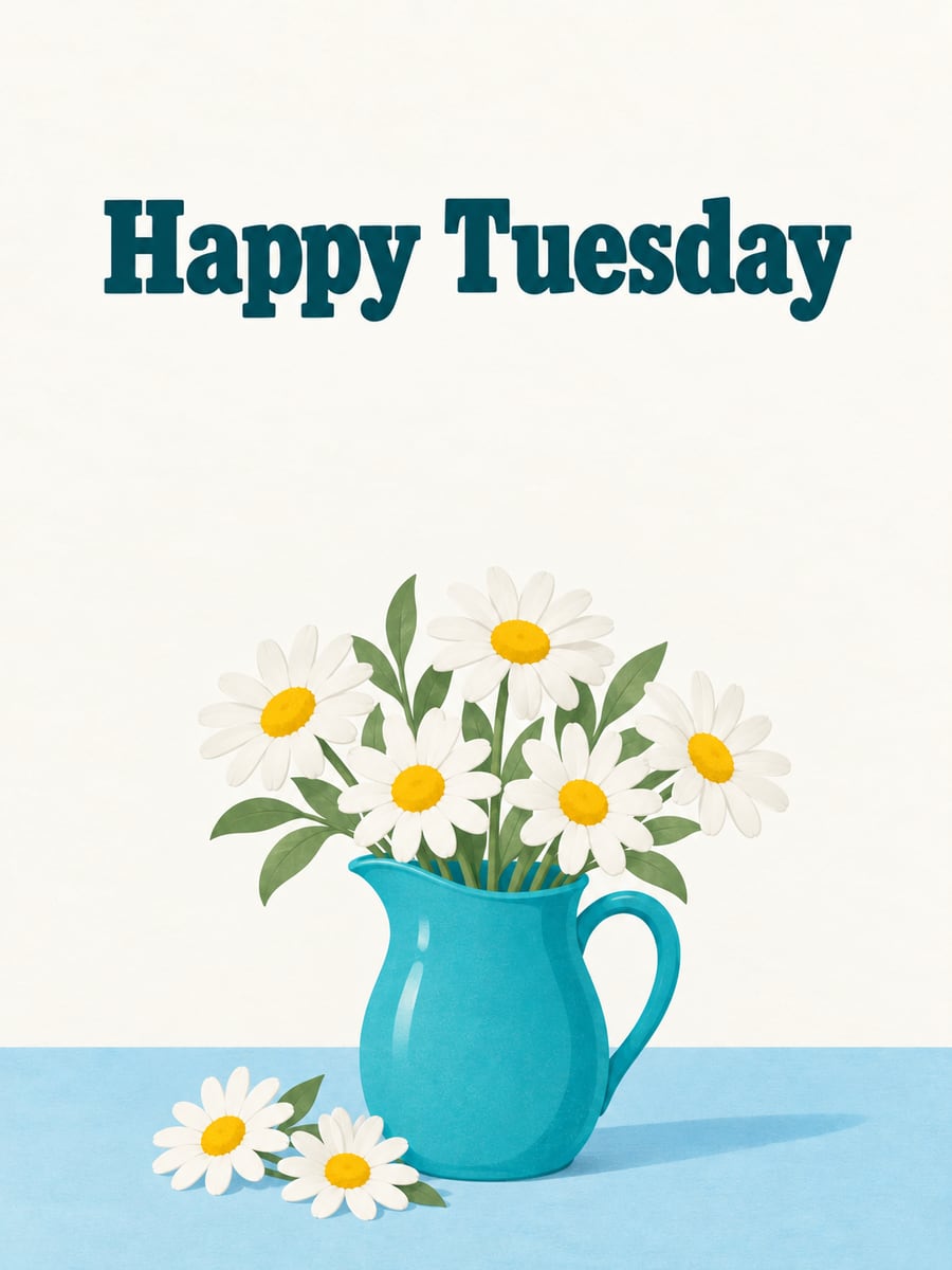 Happy Tuesday greeting image: flat mid-century daisies in a turquoise pitcher. It says “Happy Tuesday”