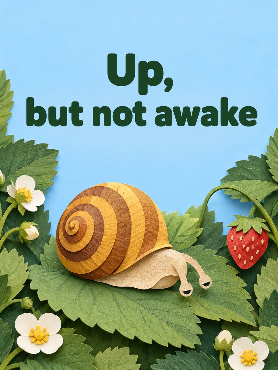 Happy Tuesday greeting image: sleepy paper-cut snail half out of its shell on a strawberry leaf. It says “Up, but not awake”