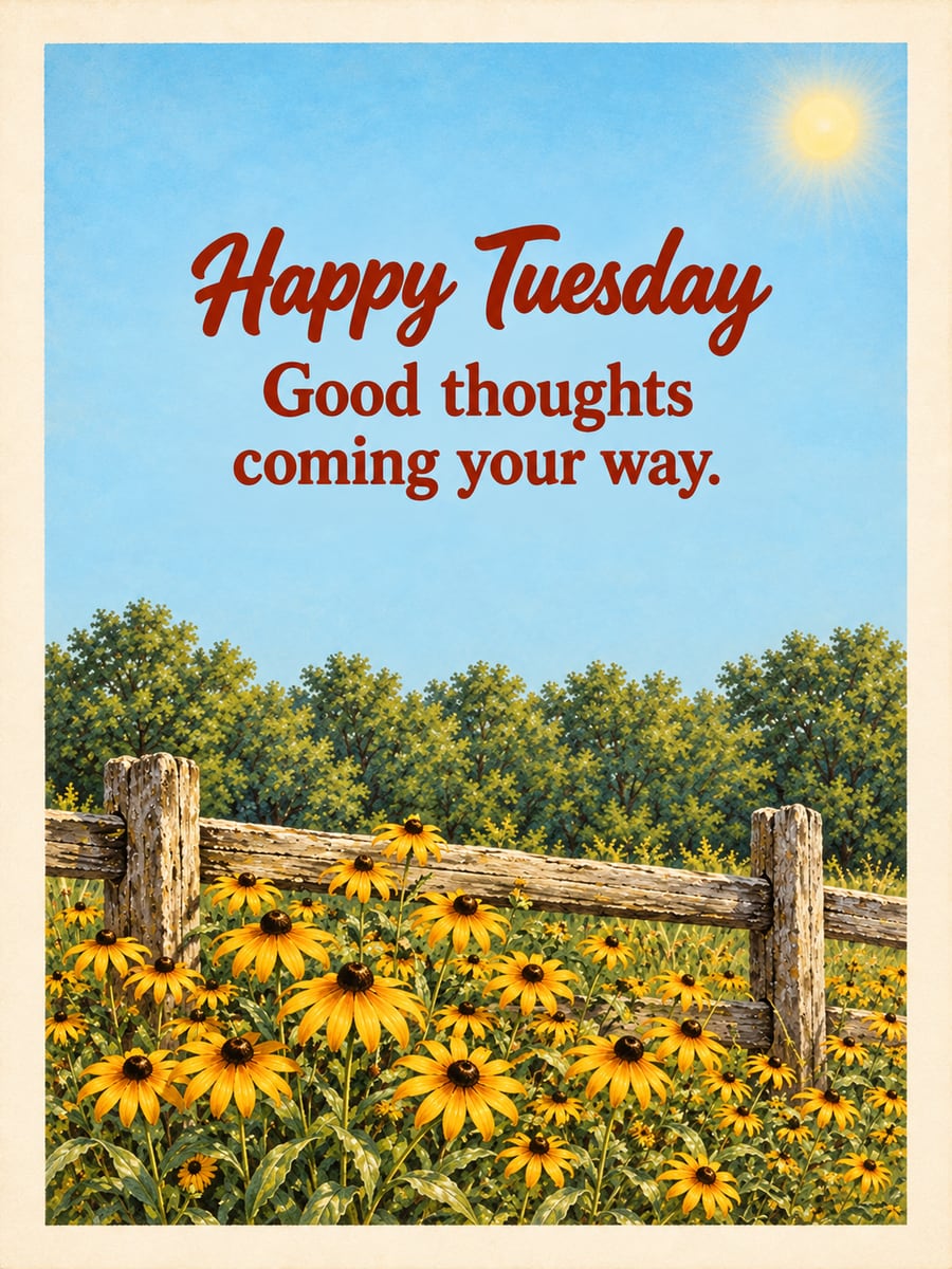 Happy Tuesday greeting image: split-rail fence with black-eyed Susans and the morning sun above the treetops. It says “Happy Tuesday” and “Good thoughts coming your way.”