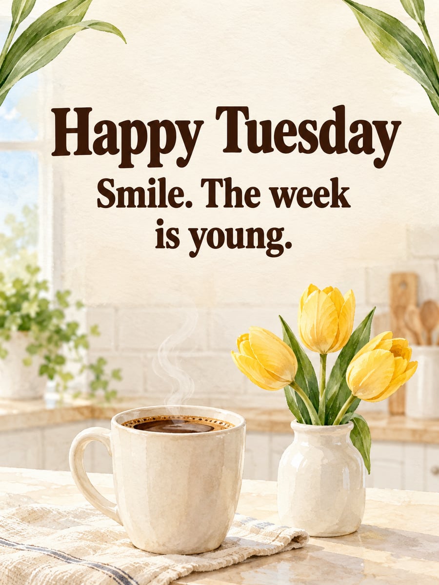 Happy Tuesday greeting image: steaming mug of coffee beside a bud vase of yellow tulips. It says “Happy Tuesday” and “Smile. The week is young.”