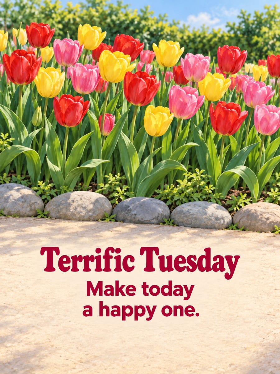 Happy Tuesday greeting image: garden bed of red, yellow and pink tulips edged by rounded stones. It says “Terrific Tuesday” and “Make today a happy one.”