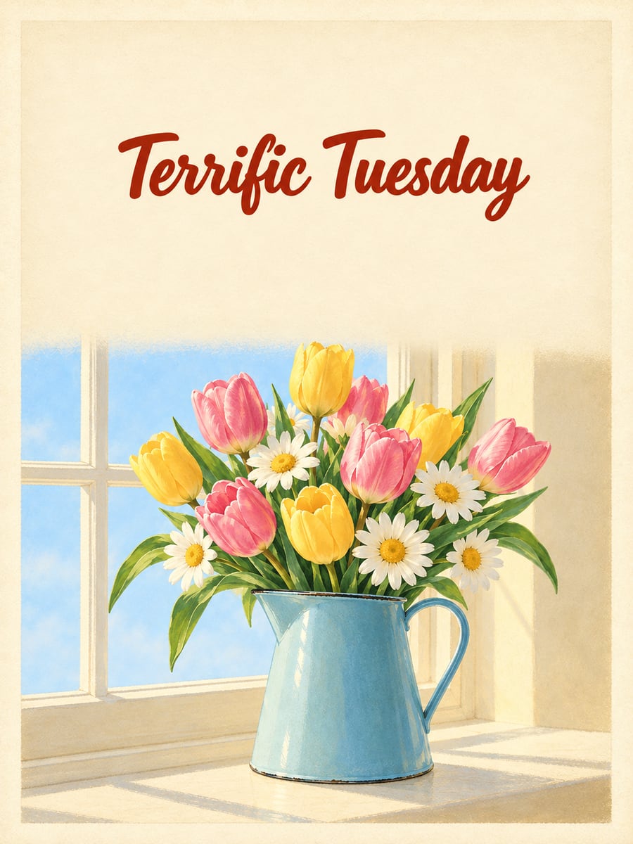 Happy Tuesday greeting image: plain enamel pitcher of tulips and daisies on a sunny windowsill. It says “Terrific Tuesday”