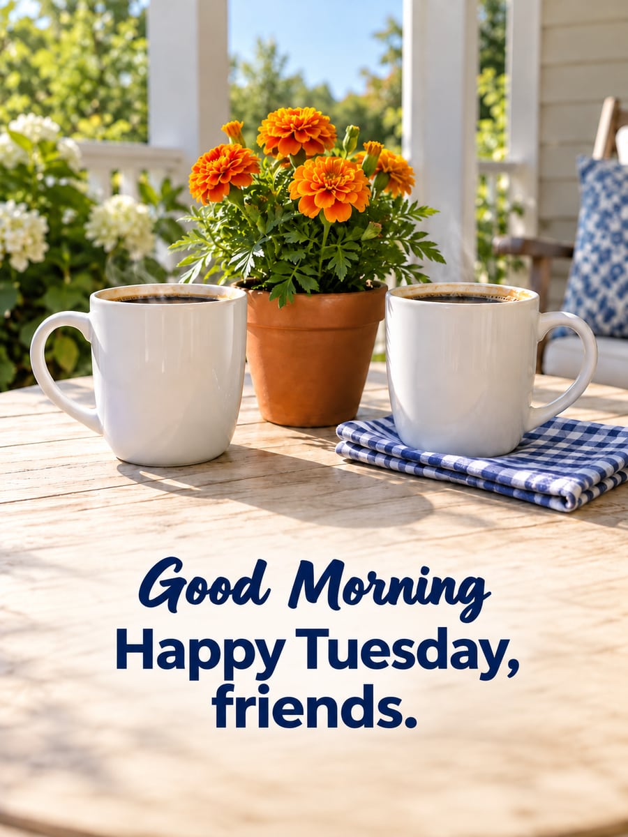 Happy Tuesday greeting image: two plain mugs of coffee and a pot of marigolds on a porch table. It says “Good Morning” and “Happy Tuesday, friends.”