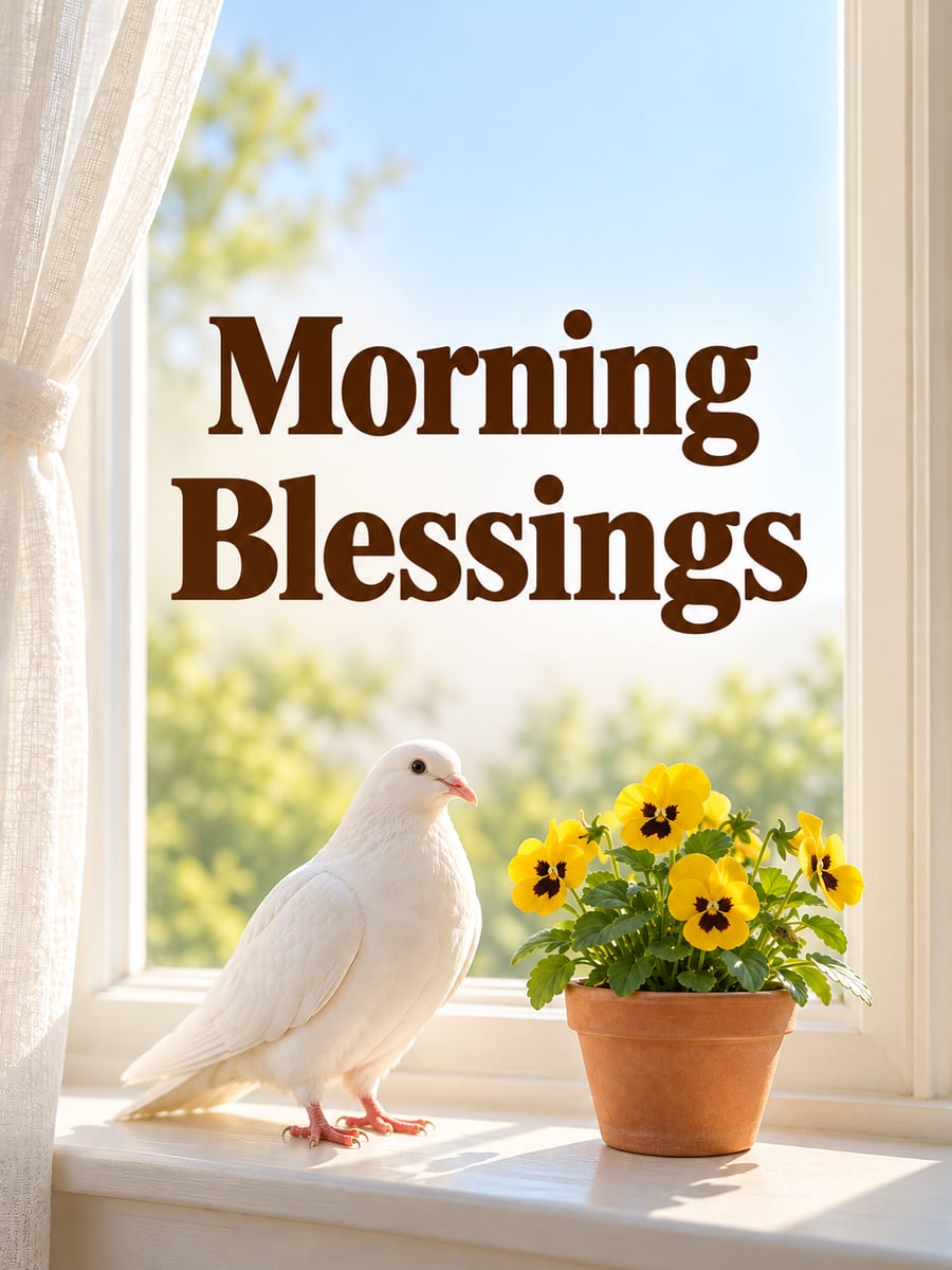 Happy Tuesday greeting image: white dove perched on a sunny windowsill beside yellow pansies. It says “Morning Blessings”