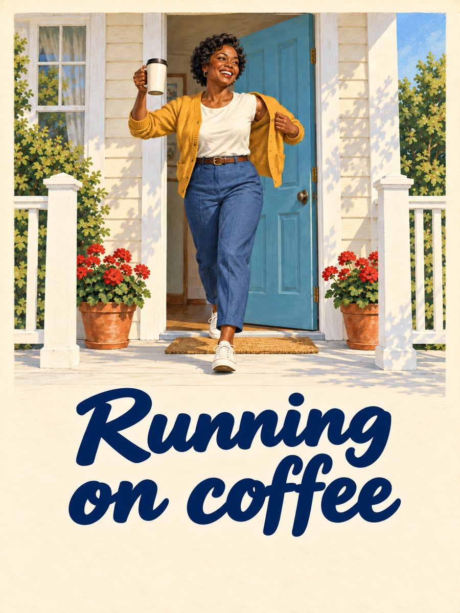 Happy Tuesday greeting image: woman with dark brown skin hurrying out the front door with a plain travel mug. It says “Running on coffee”