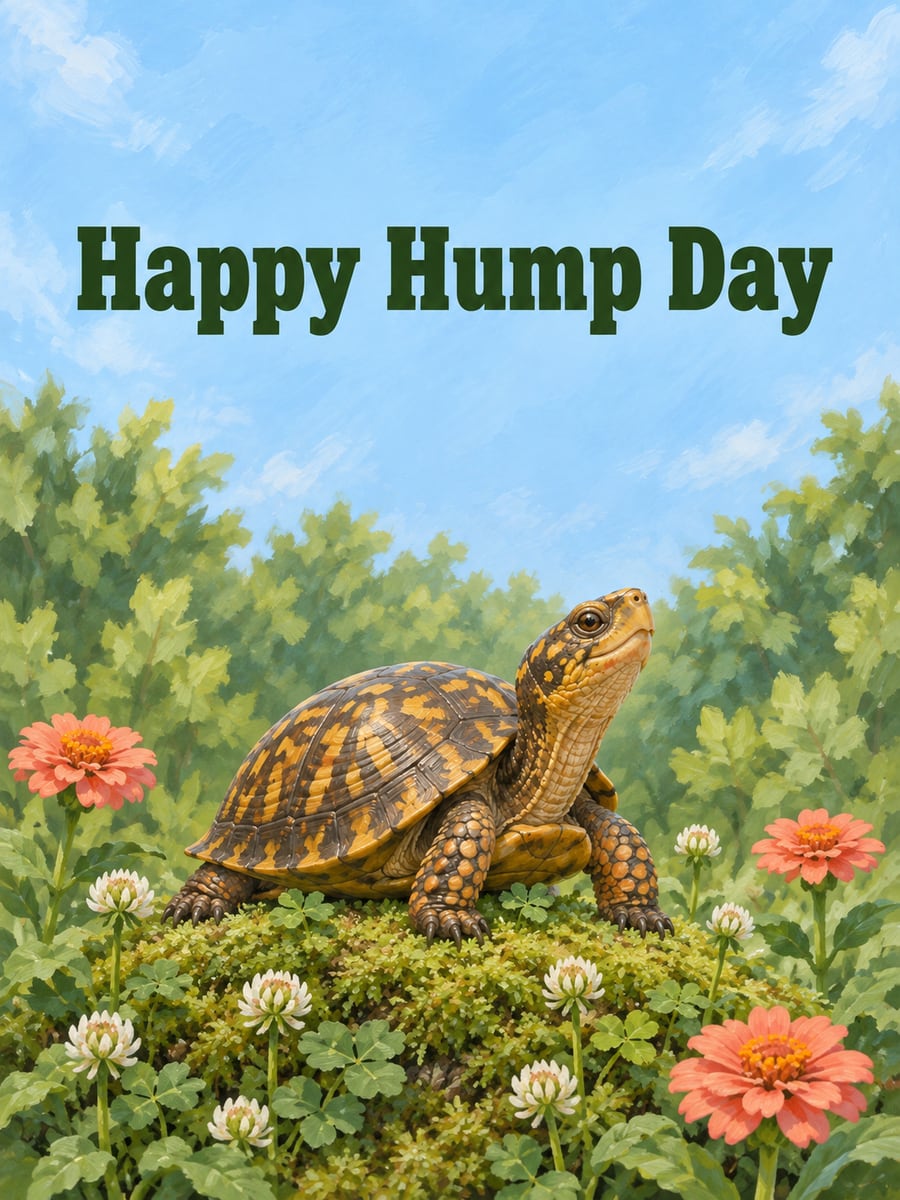 Happy Wednesday greeting image: eastern box turtle proudly on top of a small mossy mound. It says “Happy Hump Day”