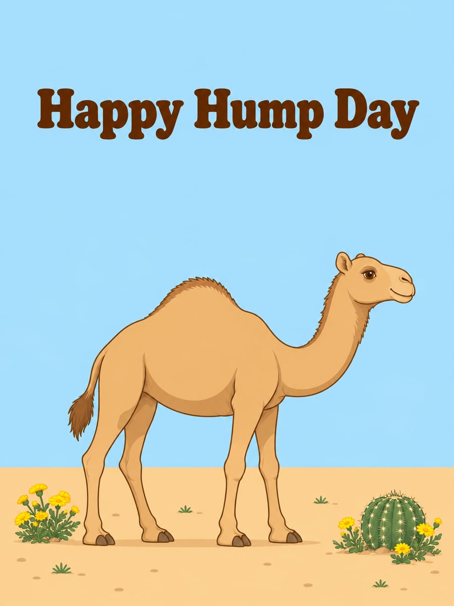 Happy Wednesday greeting image: dromedary camel standing on flat sand beside a small cactus and desert flowers. It says “Happy Hump Day”