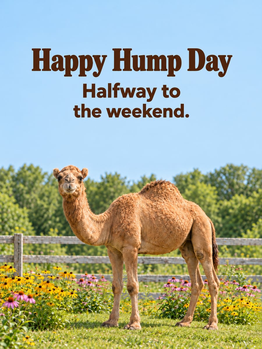Happy Wednesday greeting image: calm dromedary camel with a friendly half-smile in a sunny paddock. It says “Happy Hump Day” and “Halfway to the weekend.”