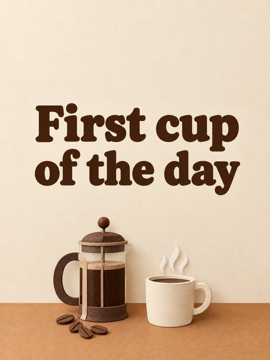 Happy Wednesday greeting image: paper-cut French press and a plain mug with curls of paper steam. It says “First cup of the day”
