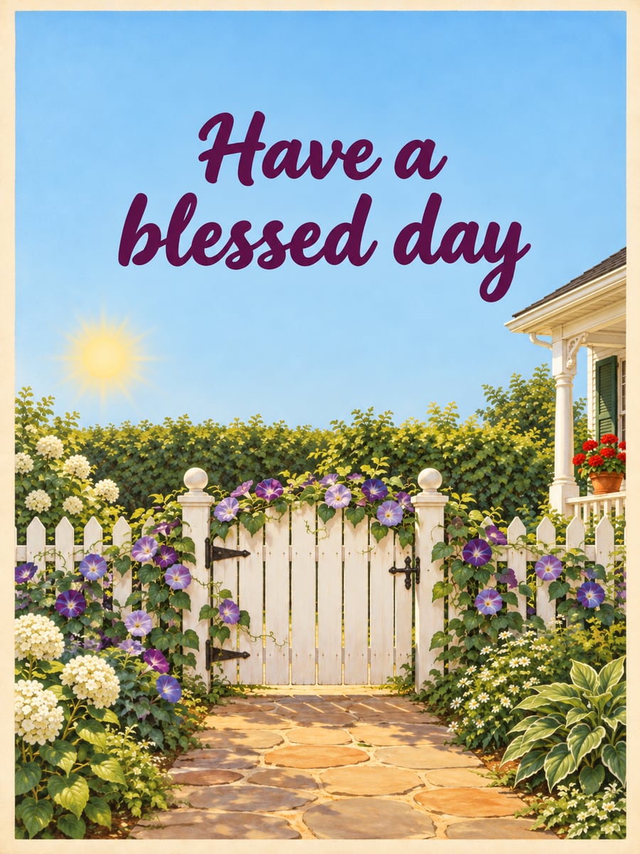 Happy Wednesday greeting image: closed white garden gate wrapped in morning glories with a farmhouse porch behind. It says “Have a blessed day”