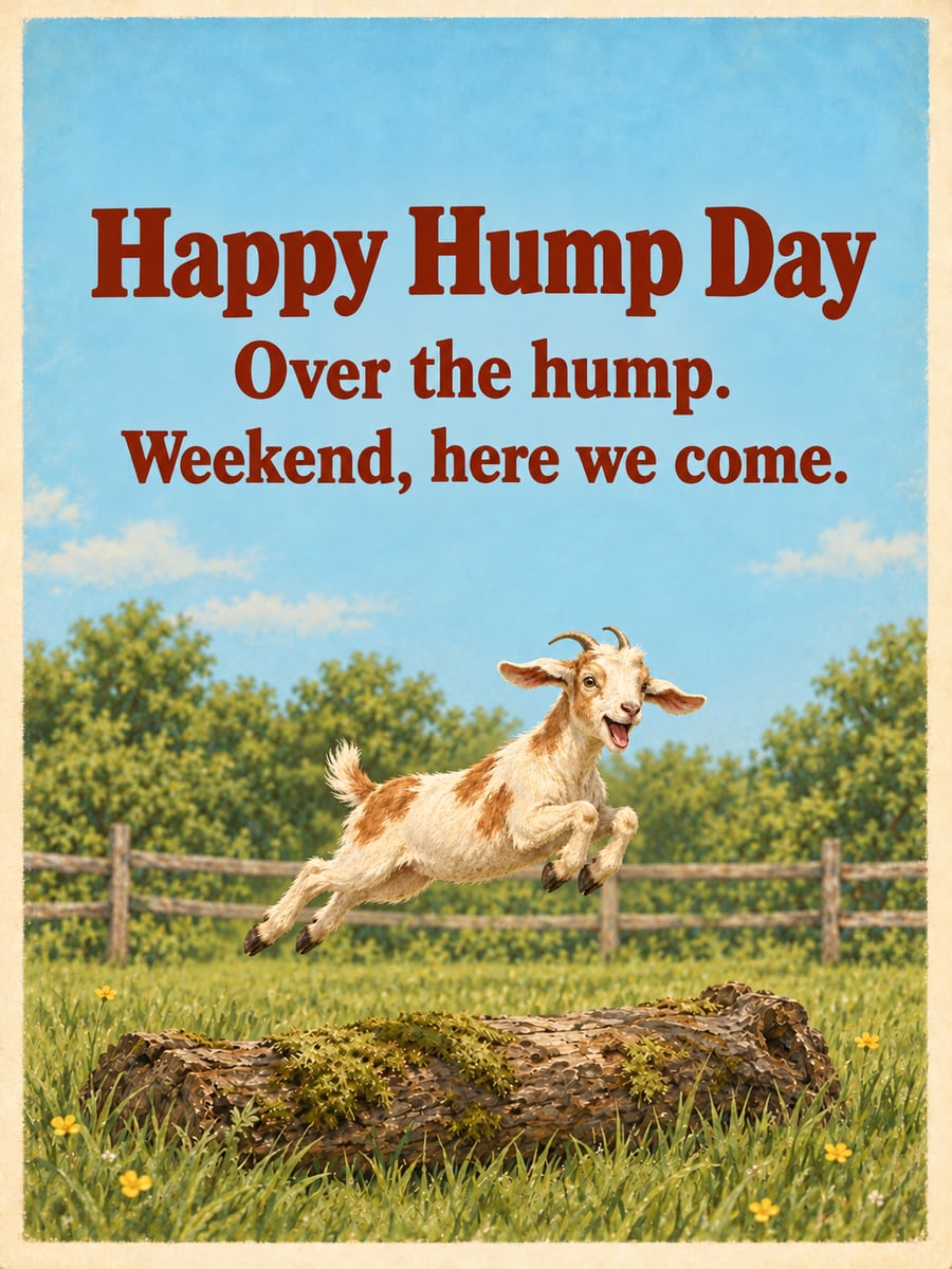 Happy Wednesday greeting image: happy goat leaping over a fallen log. It says “Happy Hump Day” and “Over the hump. Weekend, here we come.”
