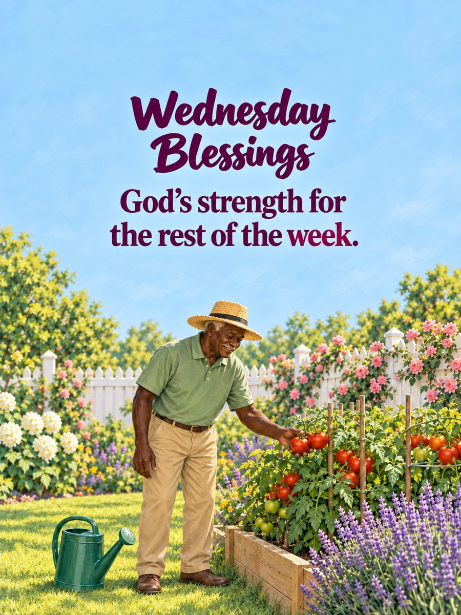 Happy Wednesday greeting image: Black grandfather in a straw hat tending tomato plants in his backyard garden. It says “Wednesday Blessings” and “God’s strength for the rest of the week.”