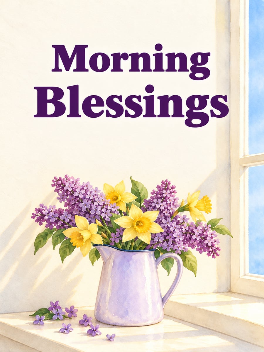 Happy Wednesday greeting image: purple lilacs and yellow daffodils in a plain enamel pitcher on a sunny windowsill. It says “Morning Blessings”