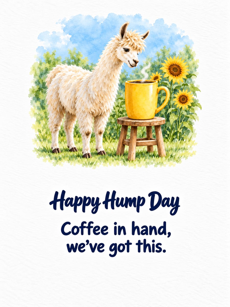Happy Wednesday greeting image: cheerful white llama beside a giant plain coffee mug on a wooden stool. It says “Happy Hump Day” and “Coffee in hand, we’ve got this.”